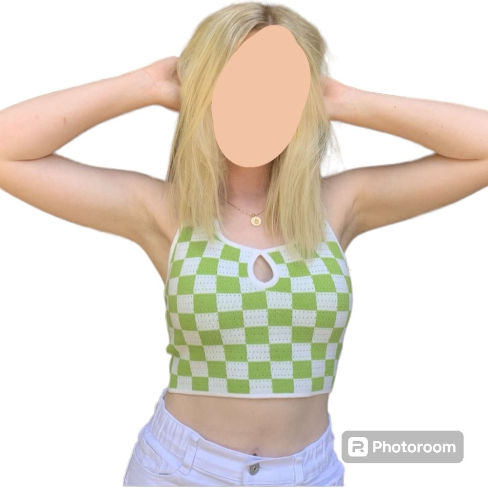 Green & White Checkered Halter Crop Top